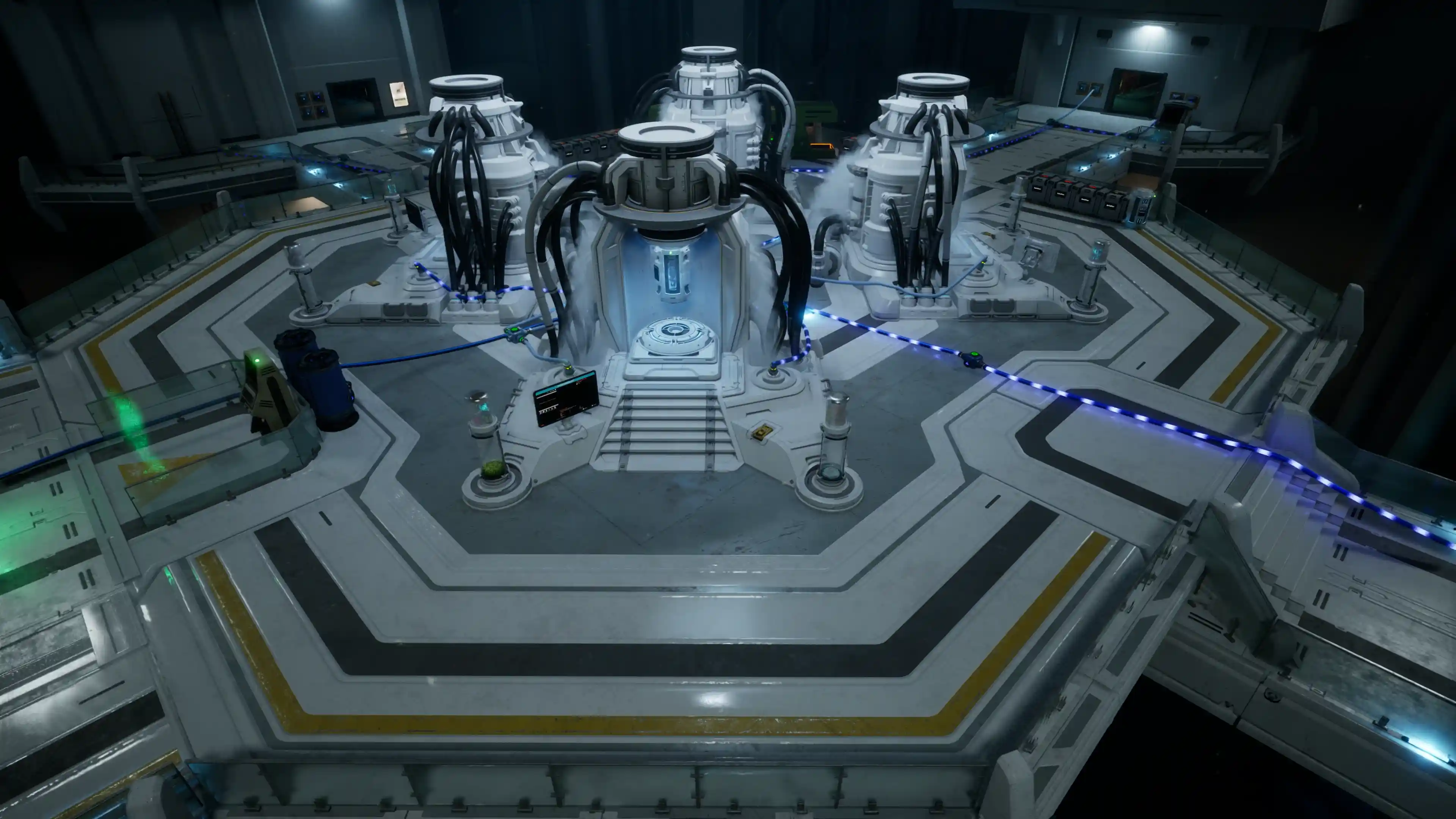 The reconstruction facility with several chambers and connected utility lines in The Last Caretaker