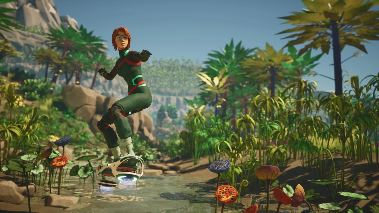 Die Spielfigur erkundet die farbenreiche Landschaft von Sota7 auf einem Hoverboard