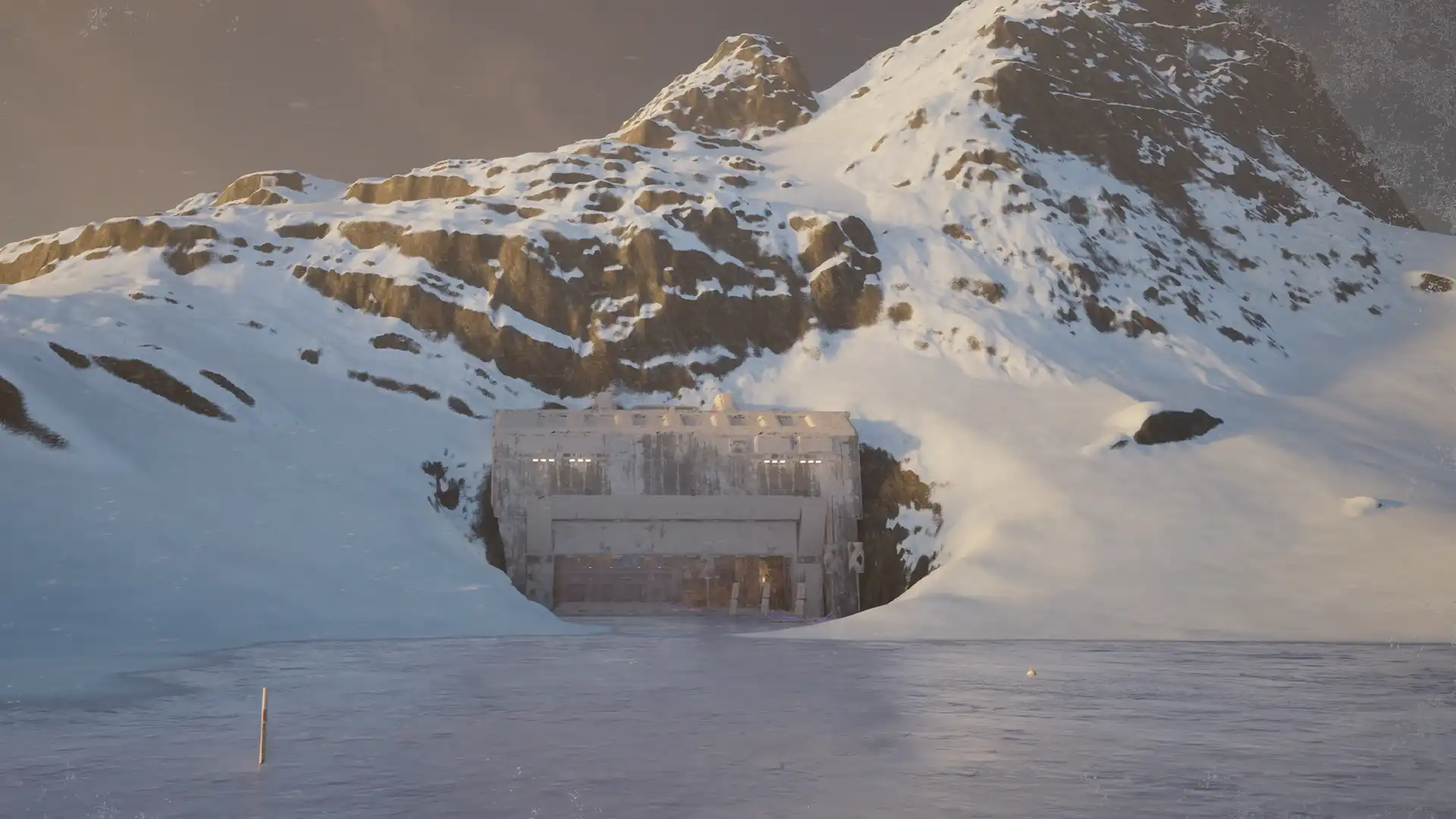 Das große Dock der Nordbastion liegt am Fuß eines verschneiten Berges hinter der Eisfläche
