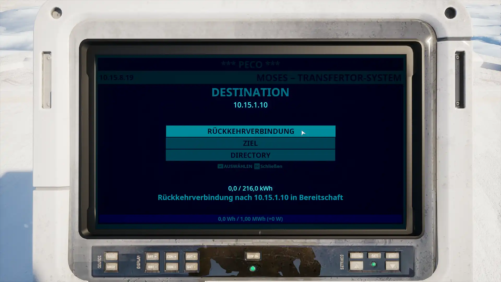 Das Terminal im Schnee zeigt das Menü Rückkehrverbindung