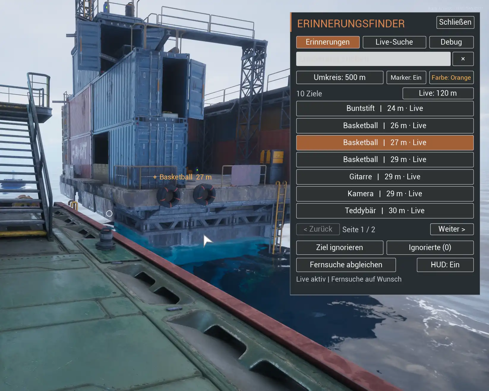 Memory Finder in game: target list with a selected basketball and an orange target marker; interface shown in German