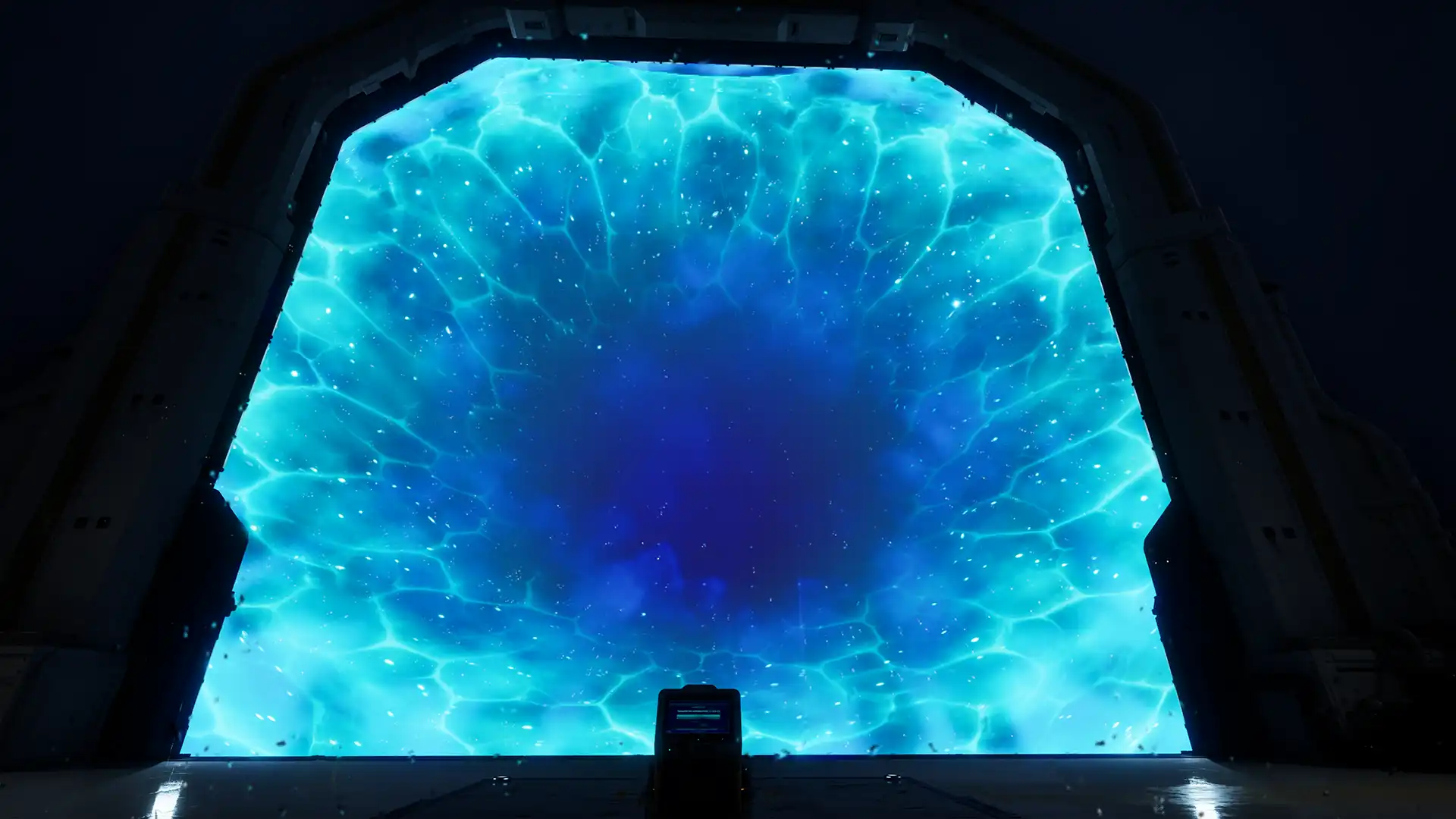Das aktive blaue Transfertor auf dem Dach des Lazarus-Komplexes mit dem Terminal im Vordergrund