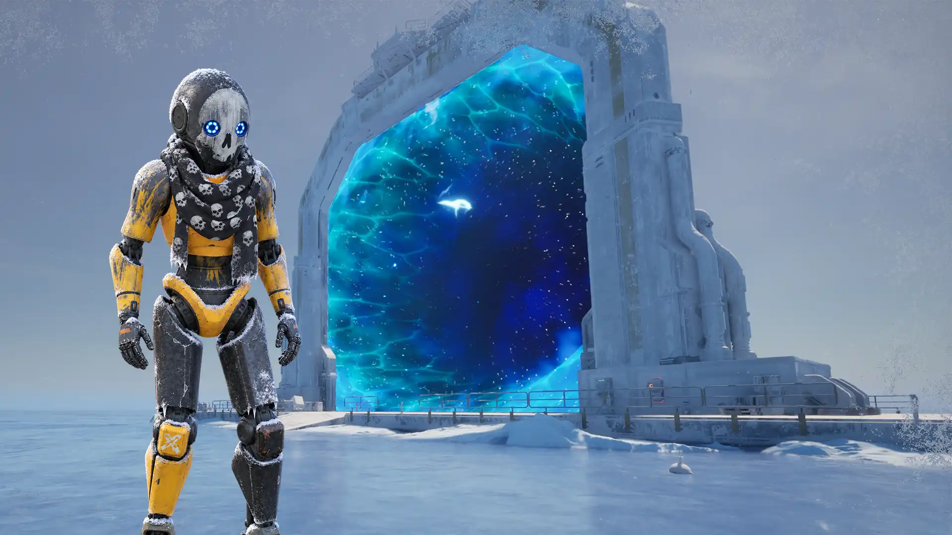 Ein Caretaker vor dem aktiven Transfertor in der verschneiten Region Nordbastion